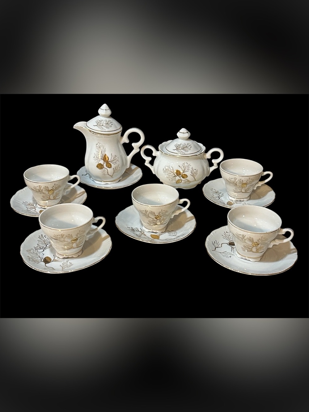 Vintage Japanese Fine China Teapot Set Cream Gold Pinecone Pattern MCM Delicate